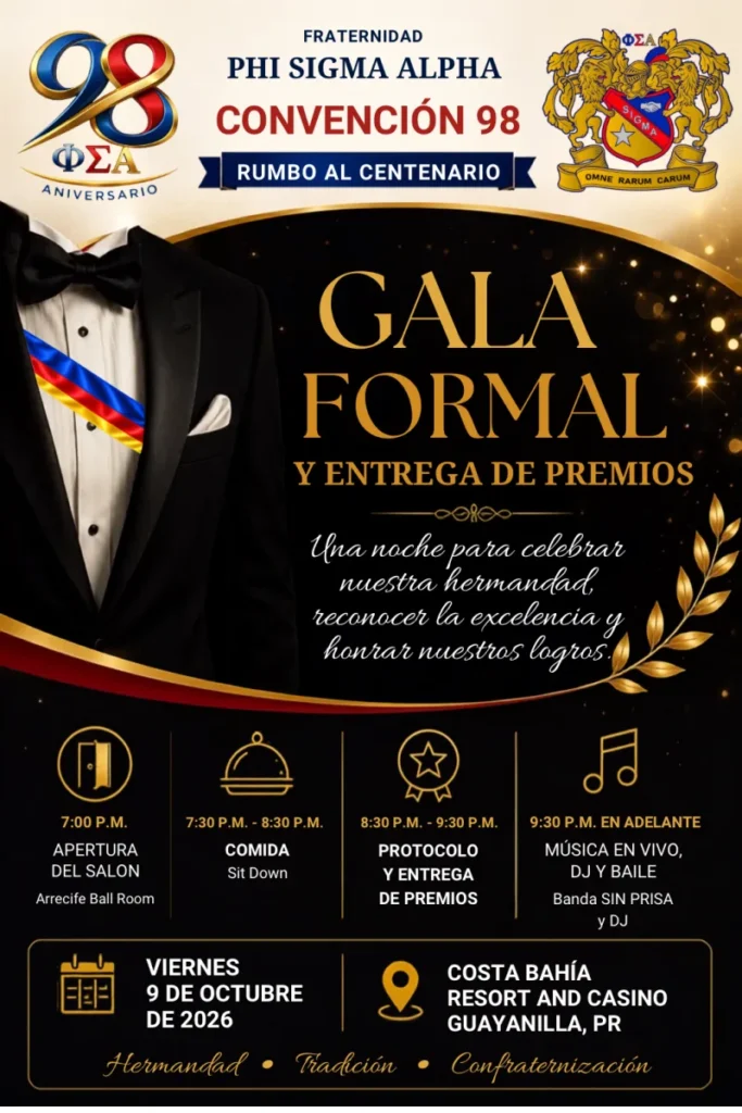 Flyer de la Gala Formal y Entrega de Premios de la Convención 98 de Phi Sigma Alpha