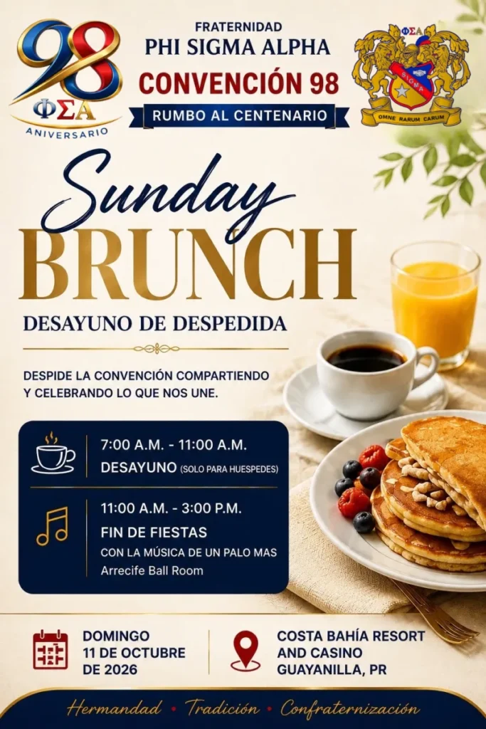 Flyer del Sunday Brunch y desayuno de despedida de la Convención 98 de Phi Sigma Alpha